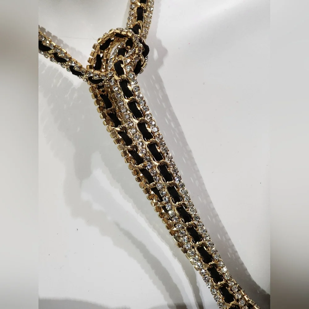 Long Gold, Black, Clear Rhinestoned Tie Necklace